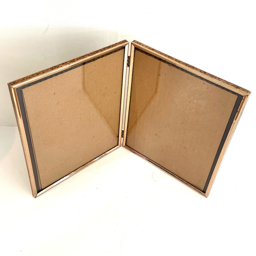 Vintage Gold Brass Metal Double Picture Frame Etched Chevron Folding Hinged 8x10